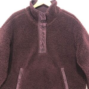 Athleta Burgundy Sherpa Fleece Snap Neck Pullover Jacket Women's XL Quilted Trim